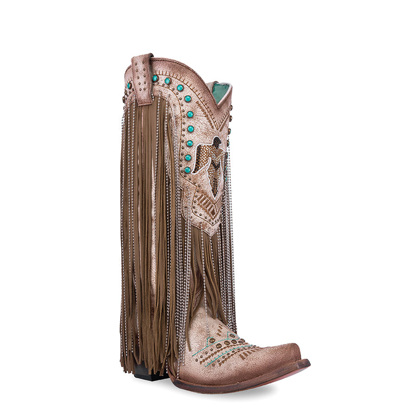 Beige Embroidery Crystal Eagle Ladies Boot | C4088