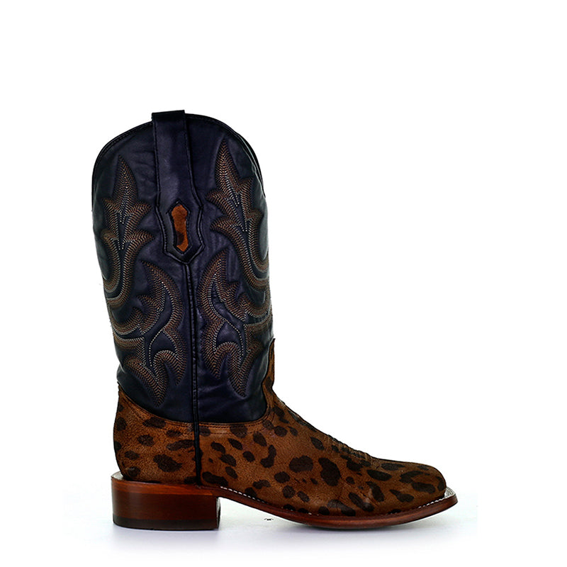 Ladies Camel Leopard & Black Square Toe Boots | A4144